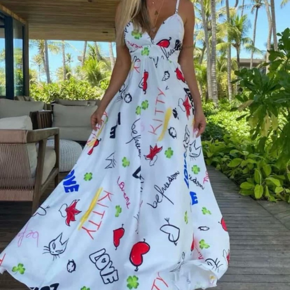 Chic White Maxi Dress with Colorful Print
